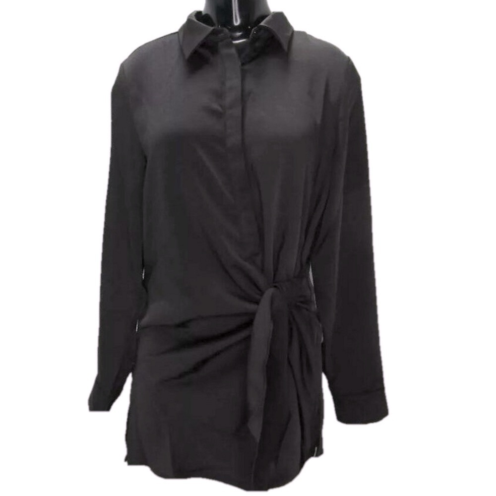 NEW LUUM Shirt Top Black Nitza Satin Wrap Long Sleeve Half Button Up Size XL
